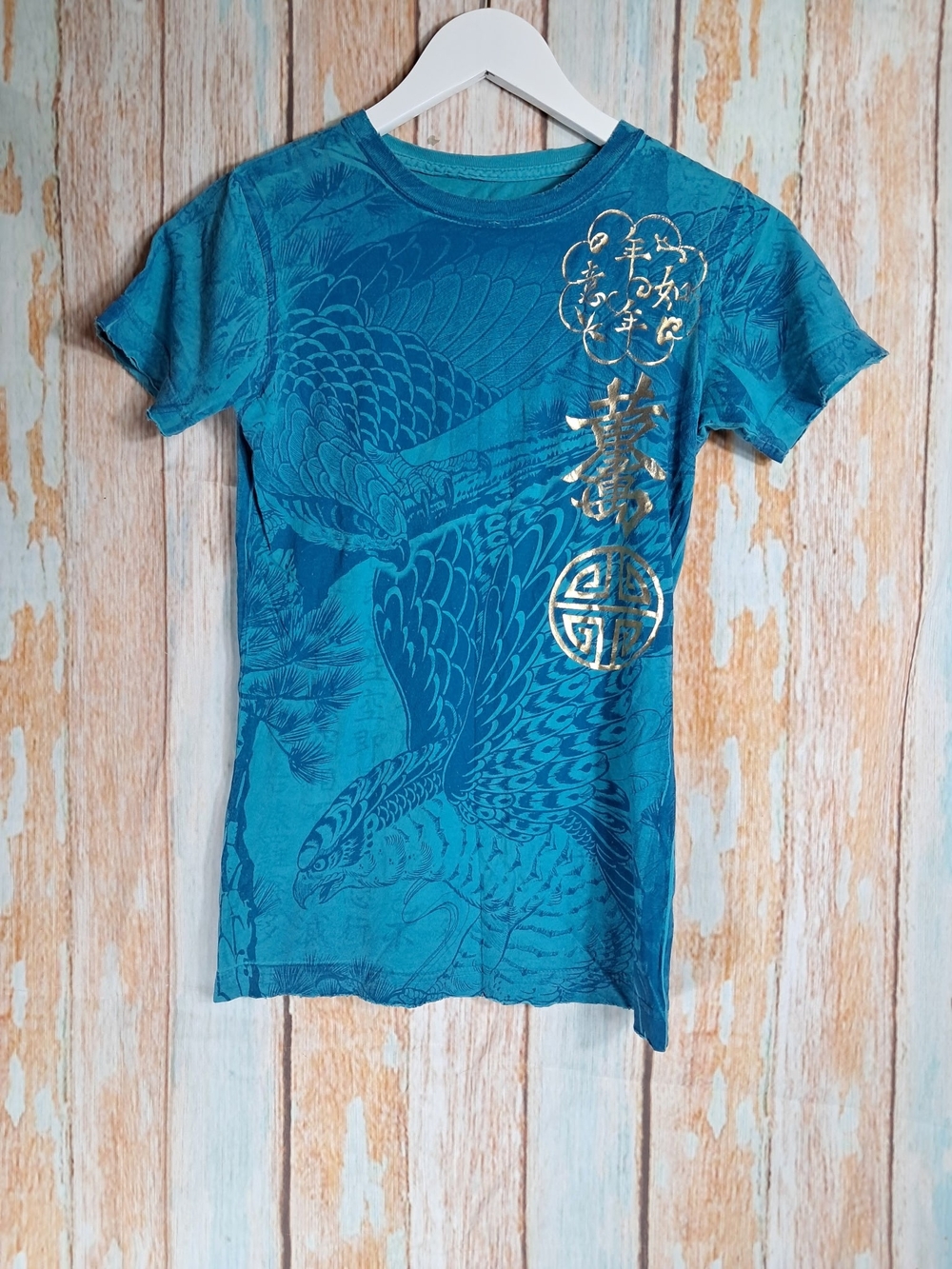 Sinful By Afflictikn Teal Short Sleeve Graphic Tee with Gold Foil Accents Size M